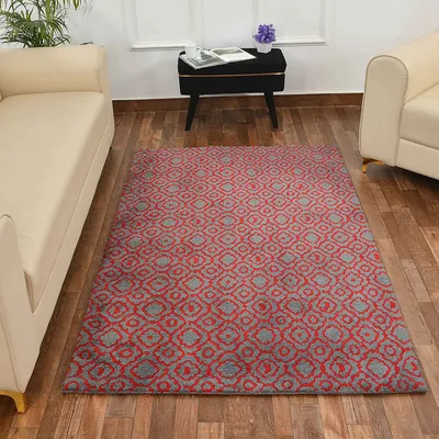 Designer Red & Grey Abstract Print Polyester Carpet for Living Room