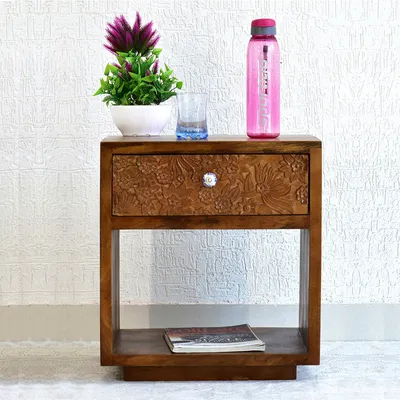 Designer Single Drawer Solid Wood Natural Brown Side Table