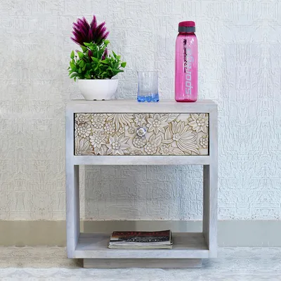 Designer Single Drawer Solid Wood White Side Table