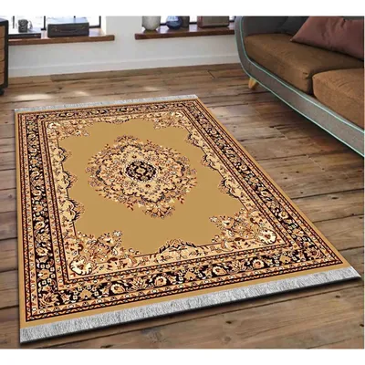 Detailed Moorish Designer Golden Polyester Area Carpet