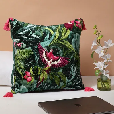 Digitally Printed Square Velvet Bottle Green Embroidered Cushion Cover With Tassels Set Of 1