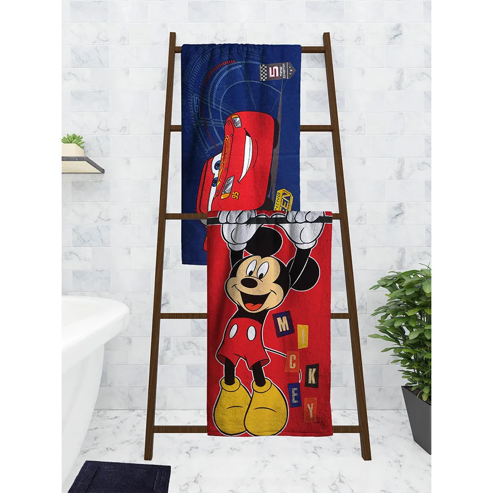 Disney Red Mickey Mouse & MCQueen Blue Cars Kids Cotton Bath Towels Set oF 2