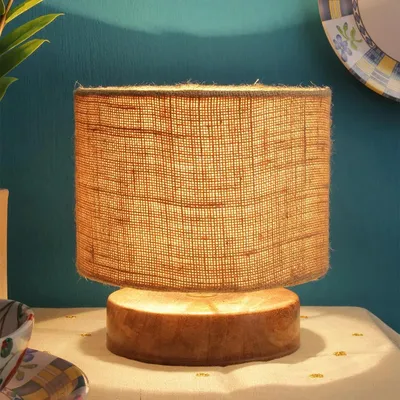 Drum Designer Beige Jute Shade Table Lamp with Wood Base