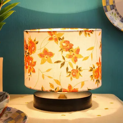 Drum Designer Floral Print Cotton Shade Table Lamp with Black Base