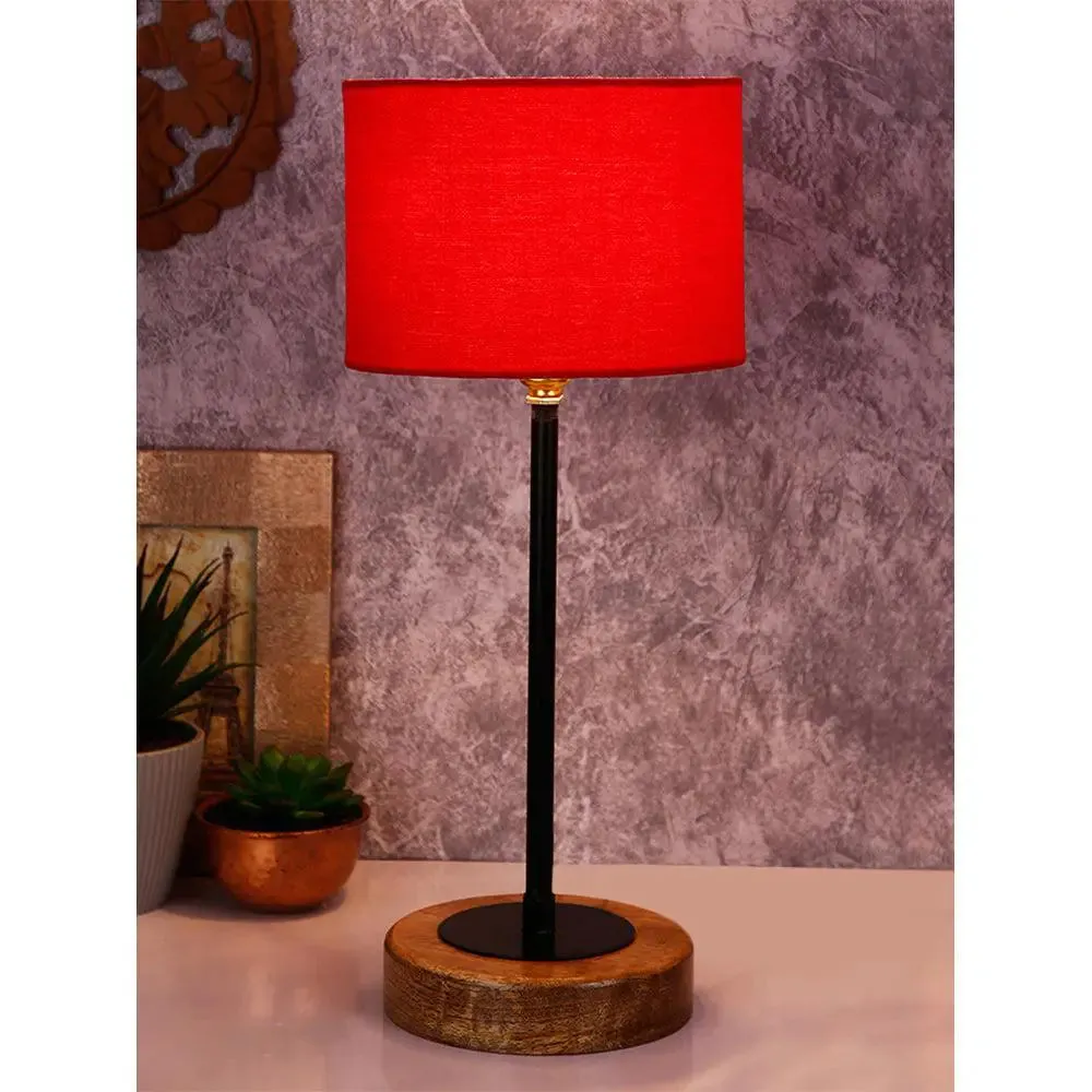 Drum Orange Cotton Shade Table Lamp with Wood & Iron Base