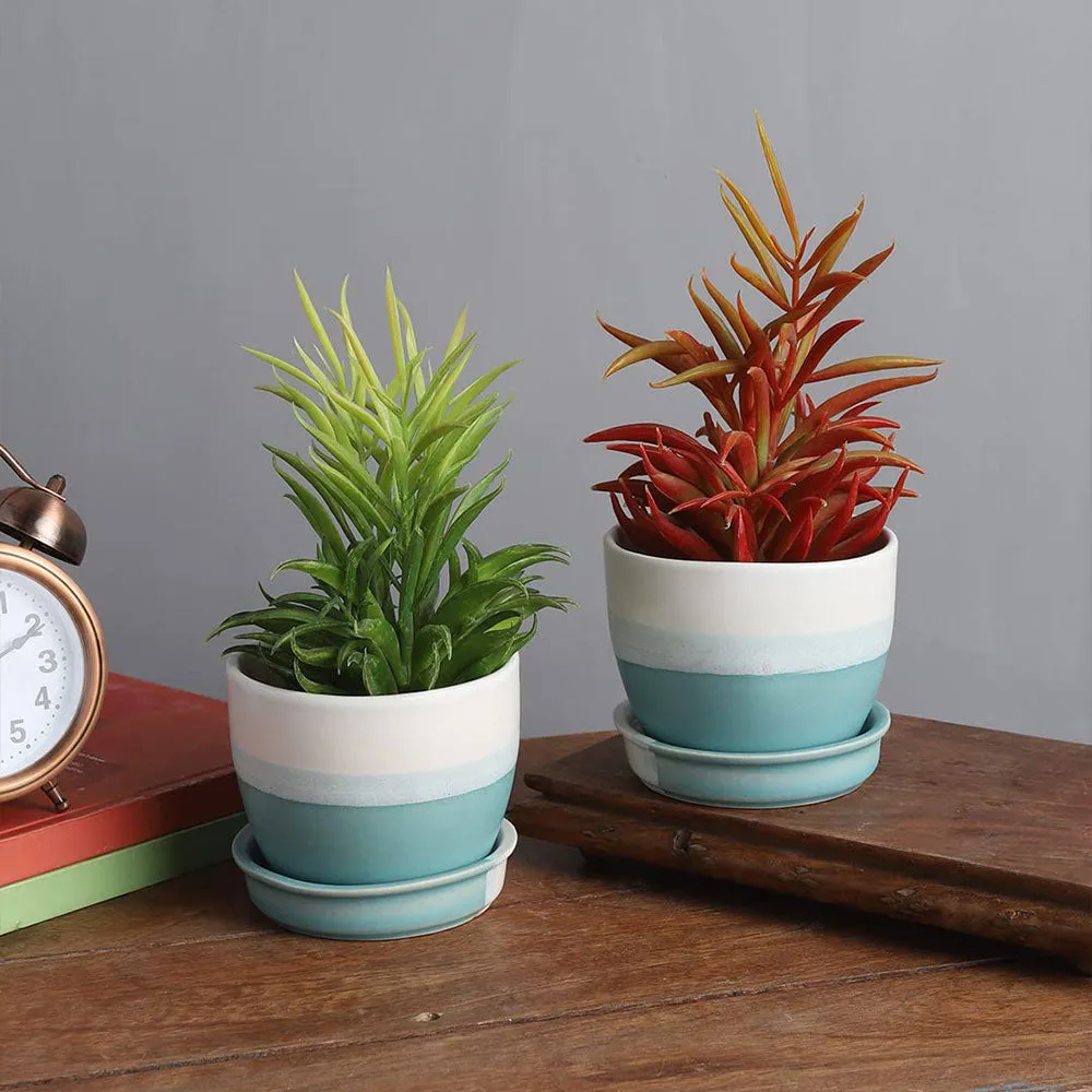 Dual Toned Sky Blue Ceramic Small Plant Pots Set Of 2