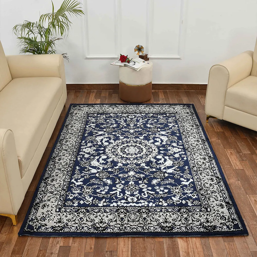Durable Blue and Grey Traditional Print Designer Polyester Carpet