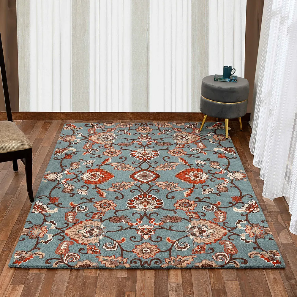 Dusty Blue Traditional Print Hand Tufted Wool Carpet for Living Room