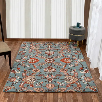 Dusty Blue Traditional Print Hand Tufted Wool Carpet for Living Room