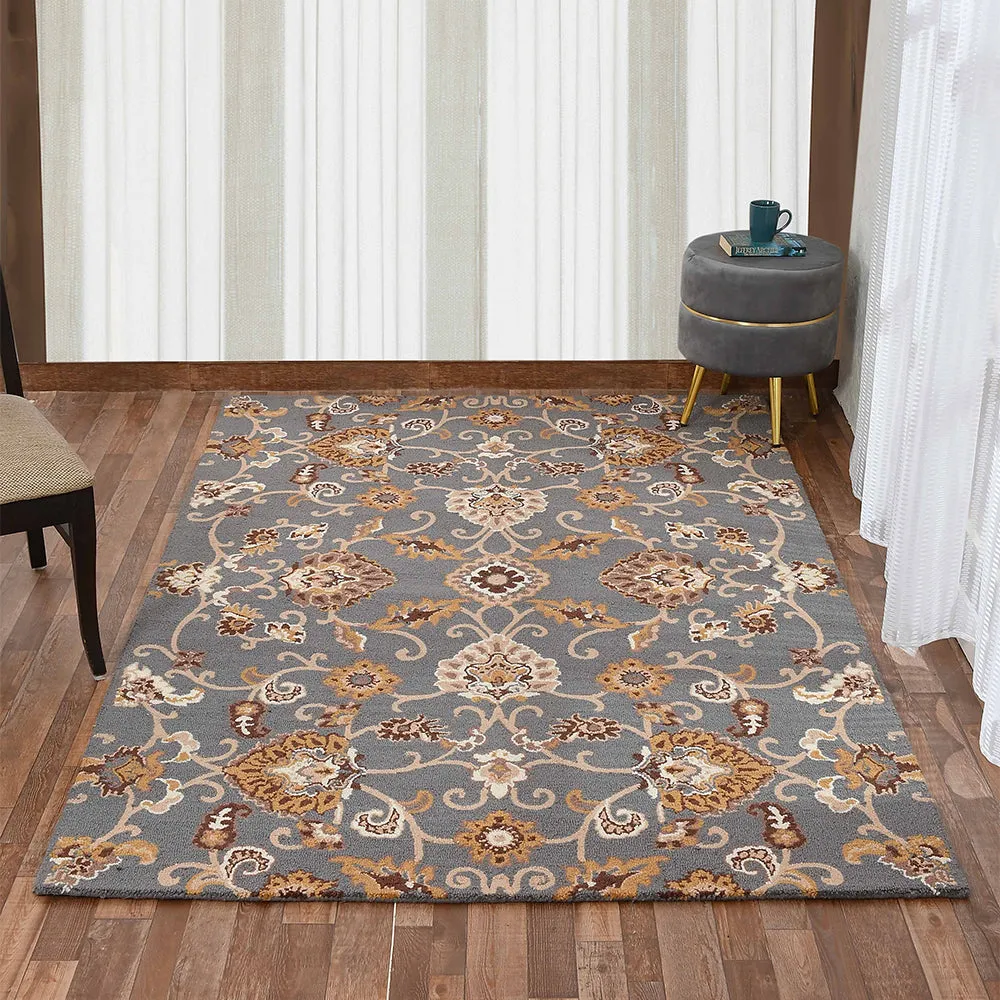 Dusty Grey Traditional Print Hand Tufted Wool Carpet for Living Room