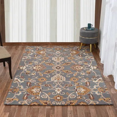 Dusty Grey Traditional Print Hand Tufted Wool Carpet for Living Room