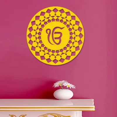 Ek Onkar Design in Circle Wooden Wall Hanging,  Living Room Wooden Wall Decoration