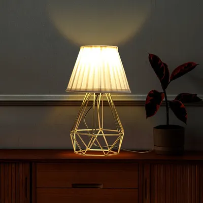 Elegant Golden Metal Cage Table Lamp with Pleated Shade