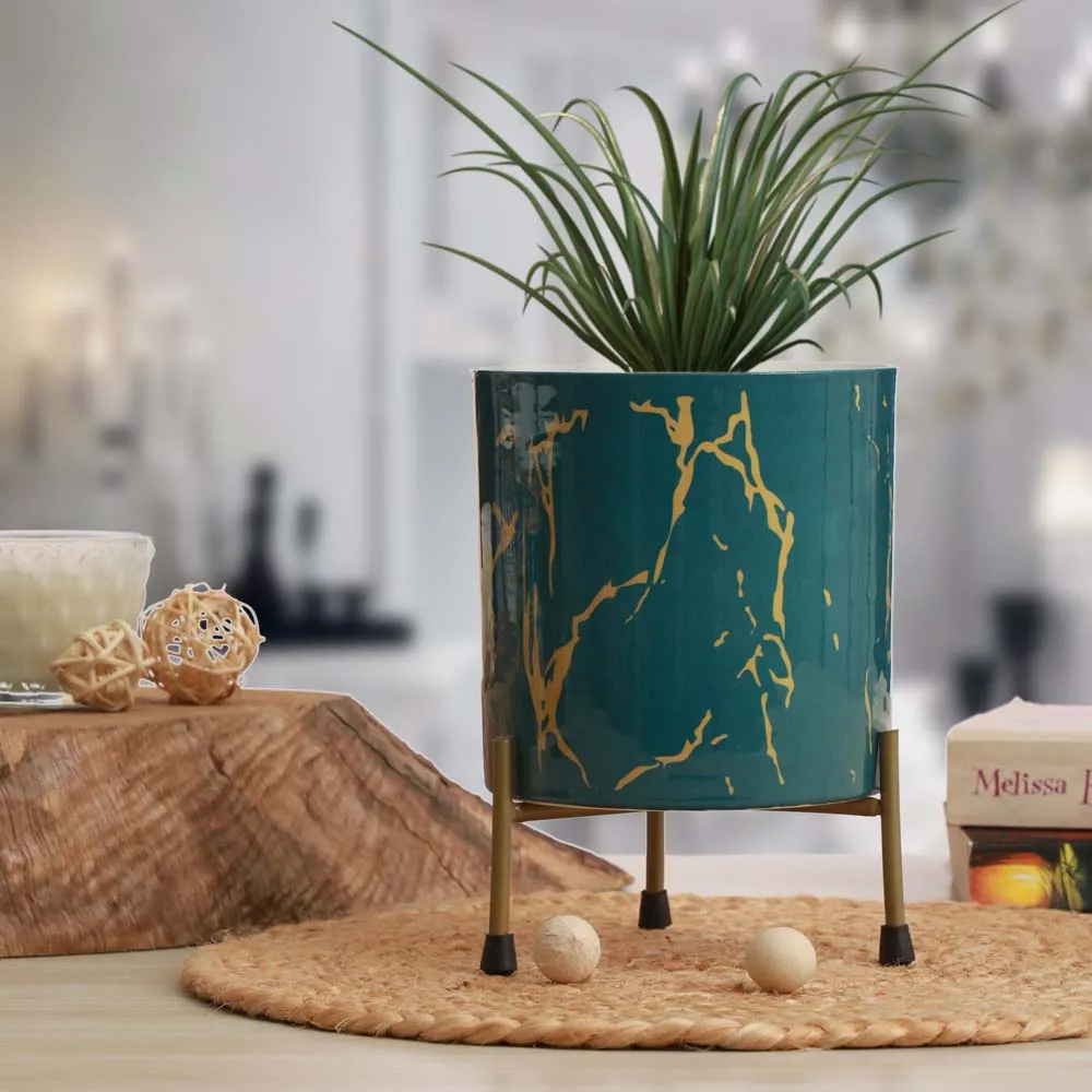 Elegant Green Table Top Metal Pot with Stand