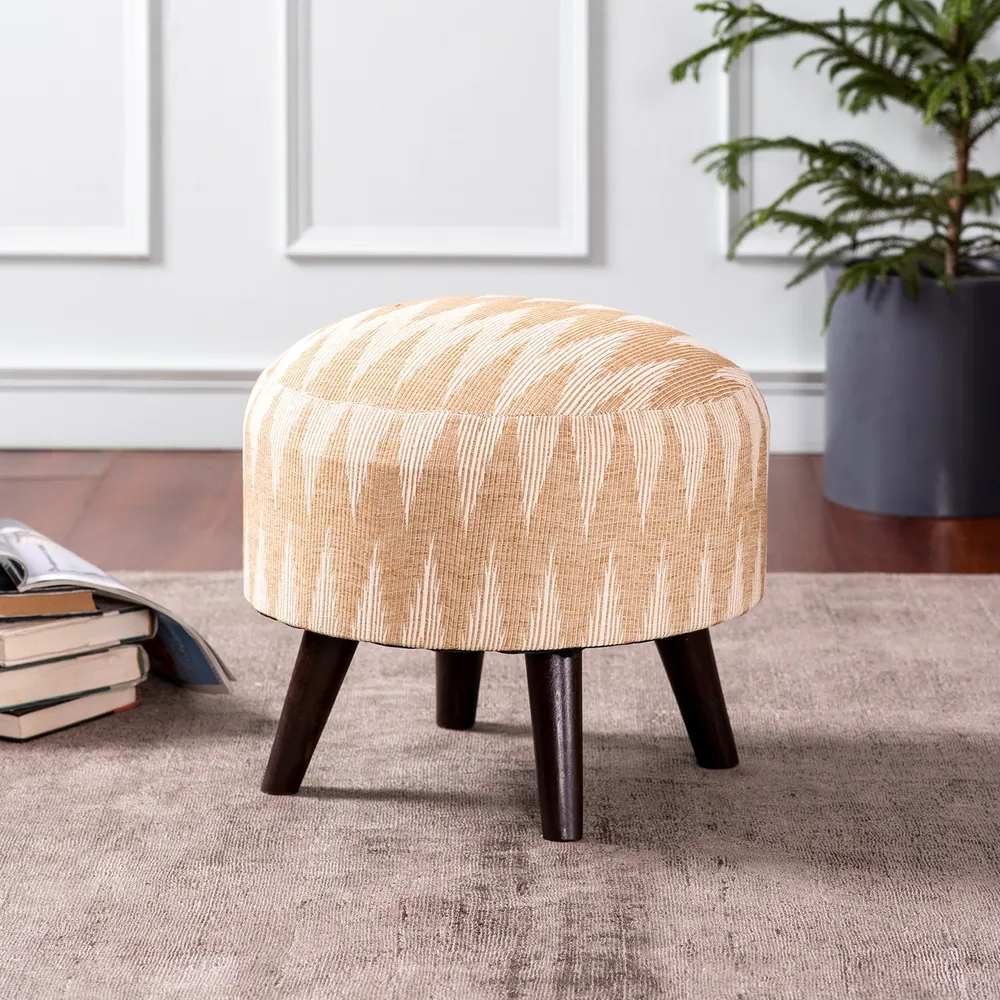 Elegant Ikat Print Light Pink Peach Shade Woven Jacquard Cotton Upholstered Ottoman Wood Stool