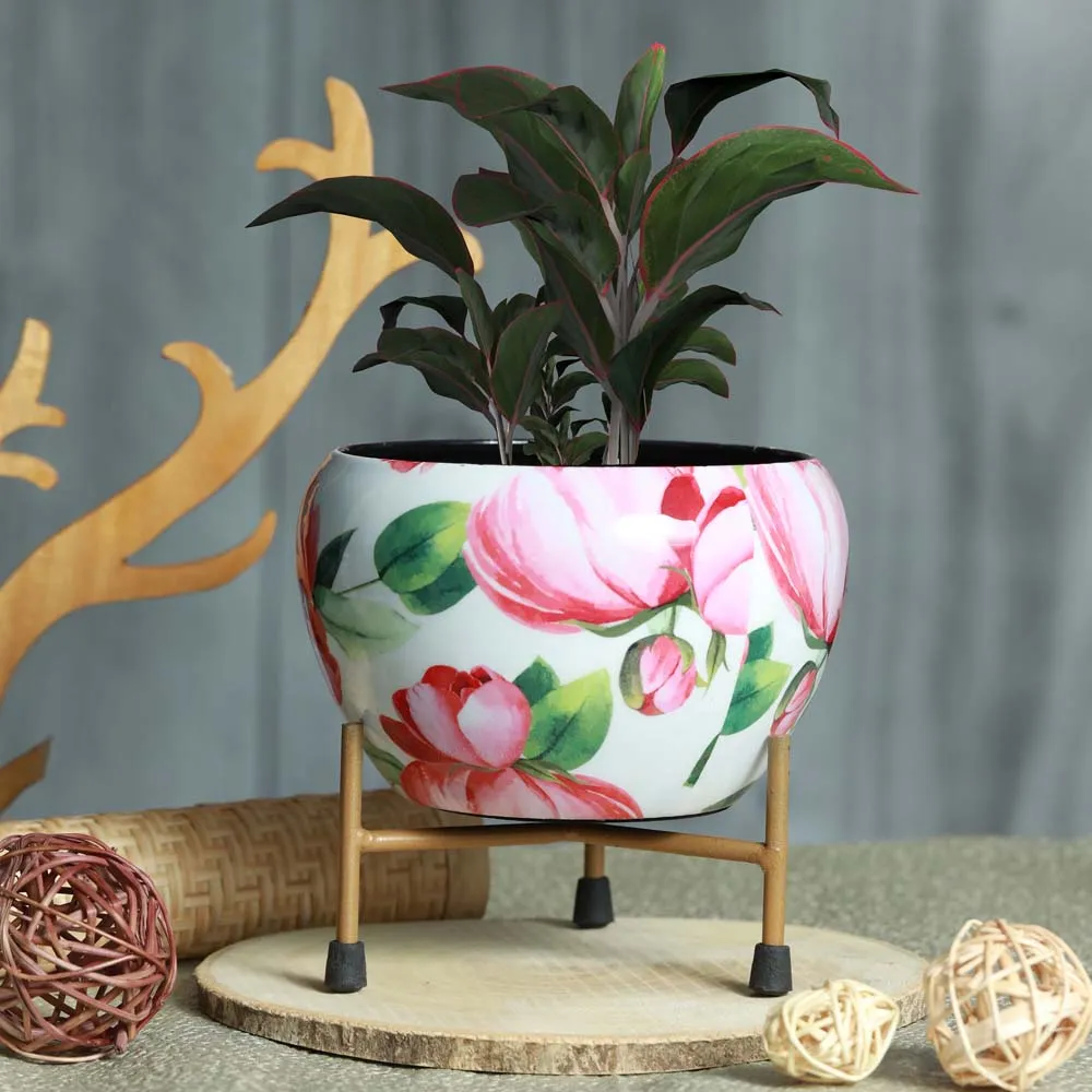 Elegant White Floral and Gold Toned Resilient Metal Pot Stand Set Of 1