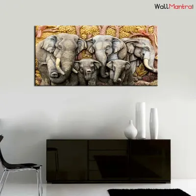 Elephants 3D Art Big Panoramic Canvas  Wall Hanging