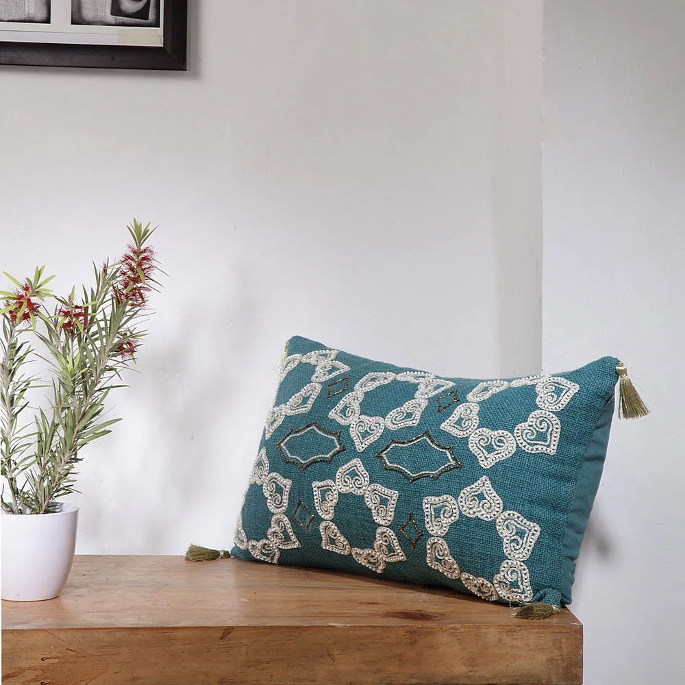 Embellished Damask Peacock Blue 100% Cotton Rectangle Cushion Cover Pack of 1