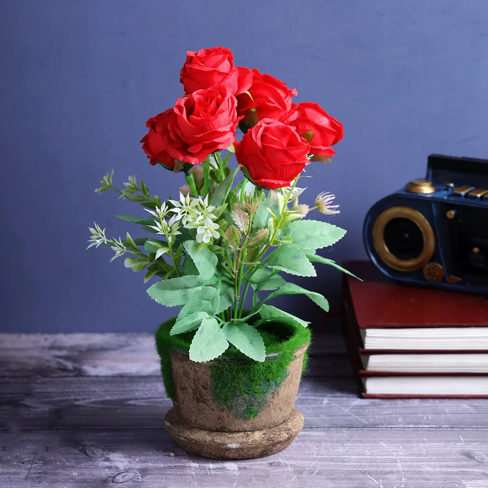 Encarved Resin Decorative Flower Pot With Red Flower