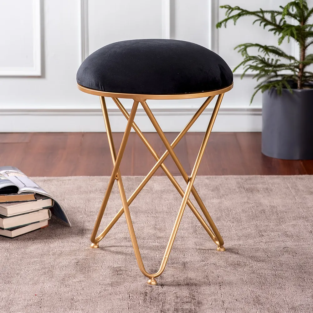 Enchanting Black Solid Velvet Metal Ottoman Stool Set Of 2