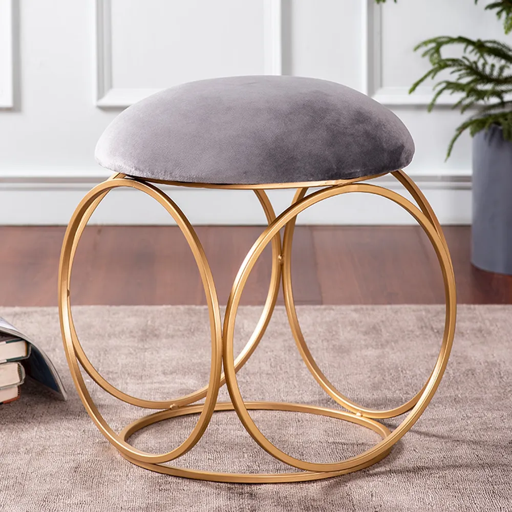 Enchanting Grey Solid Velvety Metal Ottoman Stool