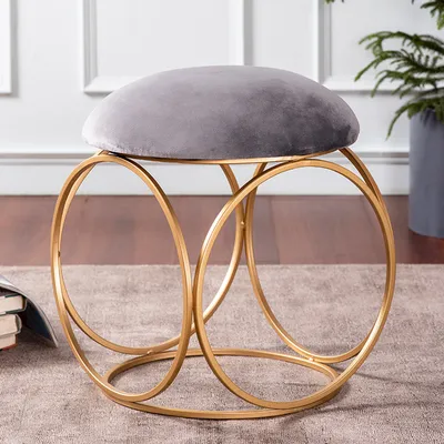 Enchanting Grey Solid Velvety Metal Ottoman Stool