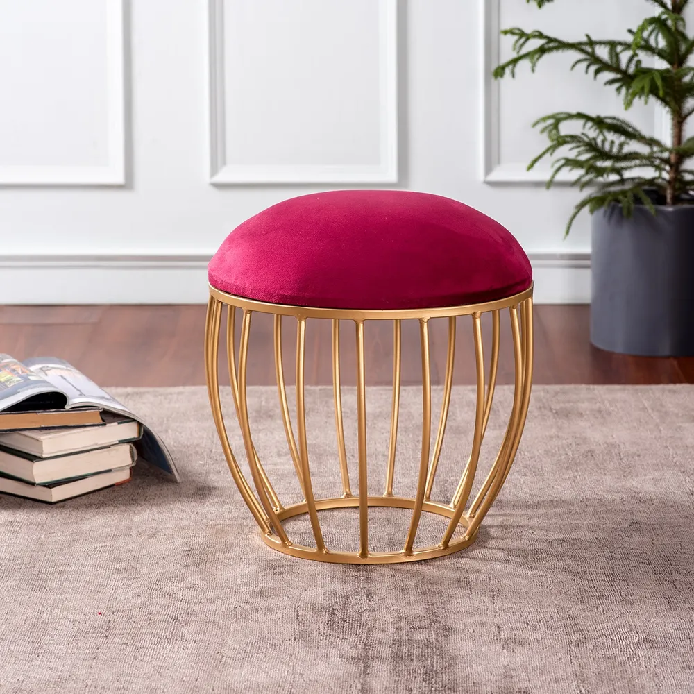 Enchanting Maroon Solid Velvety Metal Ottoman Stool