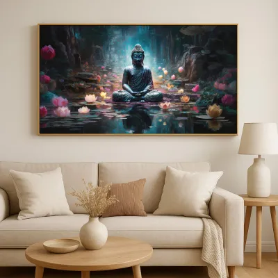 Enlightened Lotus Pond Buddha Canvas Wall Painting