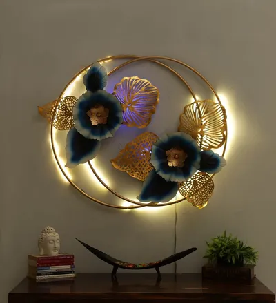 Entwined Circles Golden Floral LED Metal Wall Art