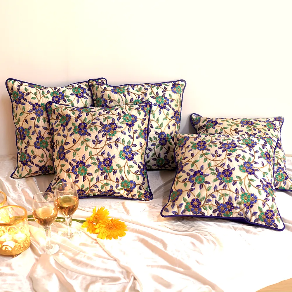 Ethnic Chunki Embriodery Silk Green  Cushion Cover Set of 5