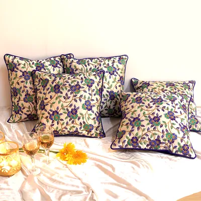 Ethnic Chunki Embriodery Silk Green  Cushion Cover Set of 5
