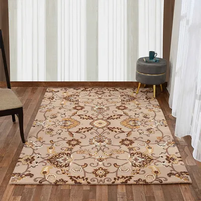 Ethnic Motif Beige Hand Tufted Wool Carpet for Living Room