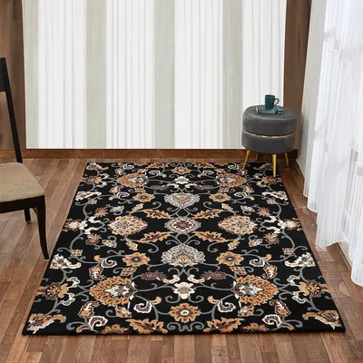 Ethnic Motif Black Coloured Designer Hand Tufted Wool Carpet for Living Room