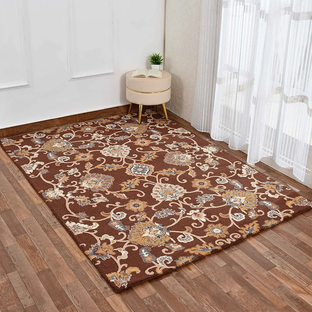 Ethnic Motif Brown Coloured Hand Tufted Wool Carpet for Living Room
