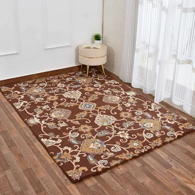 Ethnic Motif Brown Coloured Hand Tufted Wool Carpet for Living Room