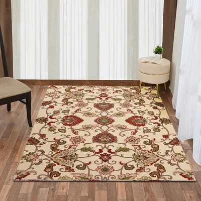 Ethnic Motif Cream Coloured Hand Tufted Wool Carpet for Living Room