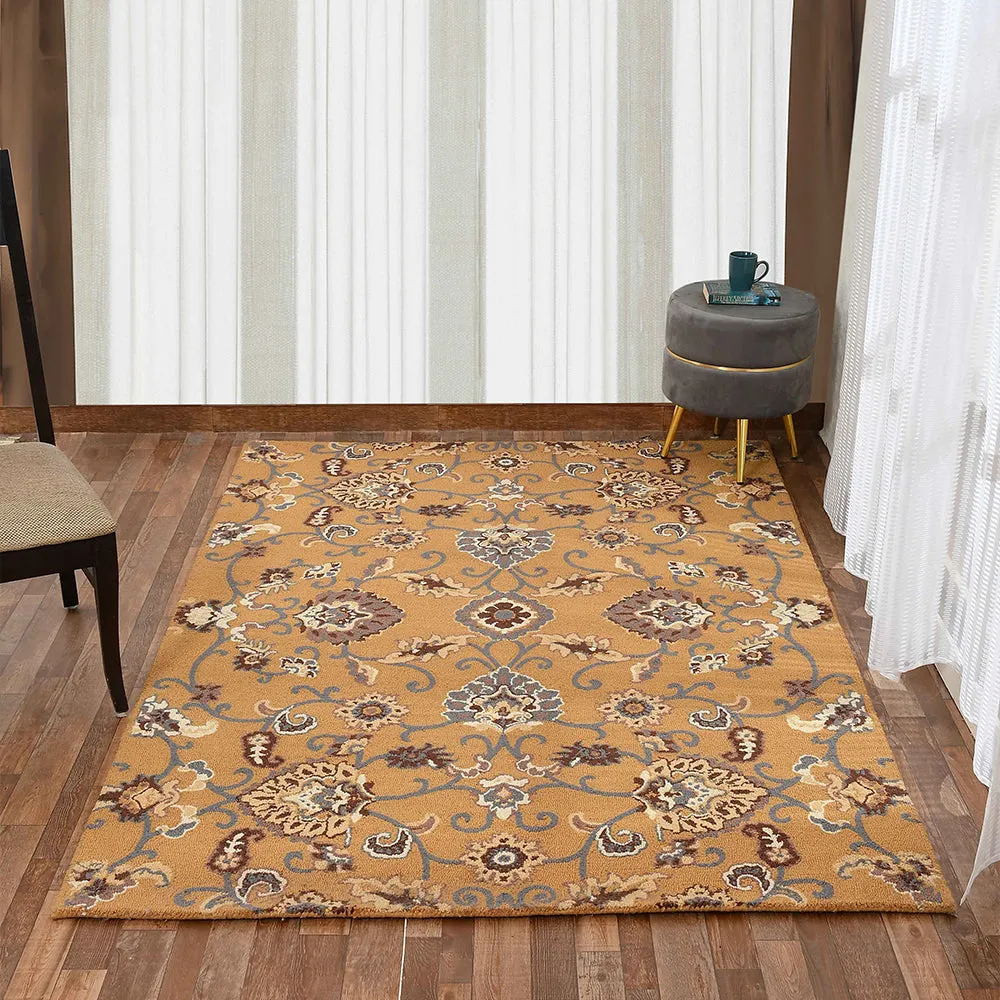 Ethnic Motif Golden Coloured Hand Tufted Wool Carpet for Living Room