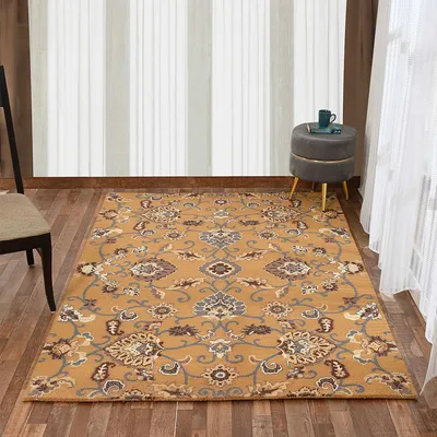 Ethnic Motif Golden Coloured Hand Tufted Wool Carpet for Living Room