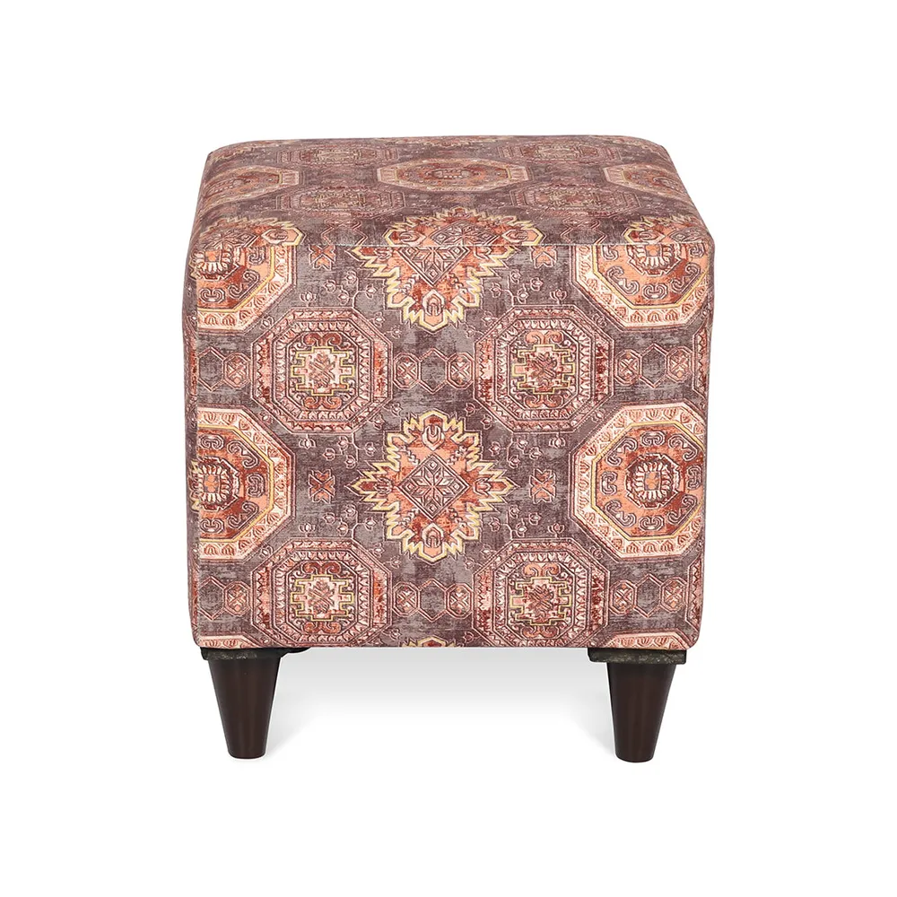 Ethnic Motif Printed Square Ottoman / Pouffe With Wooden Legs