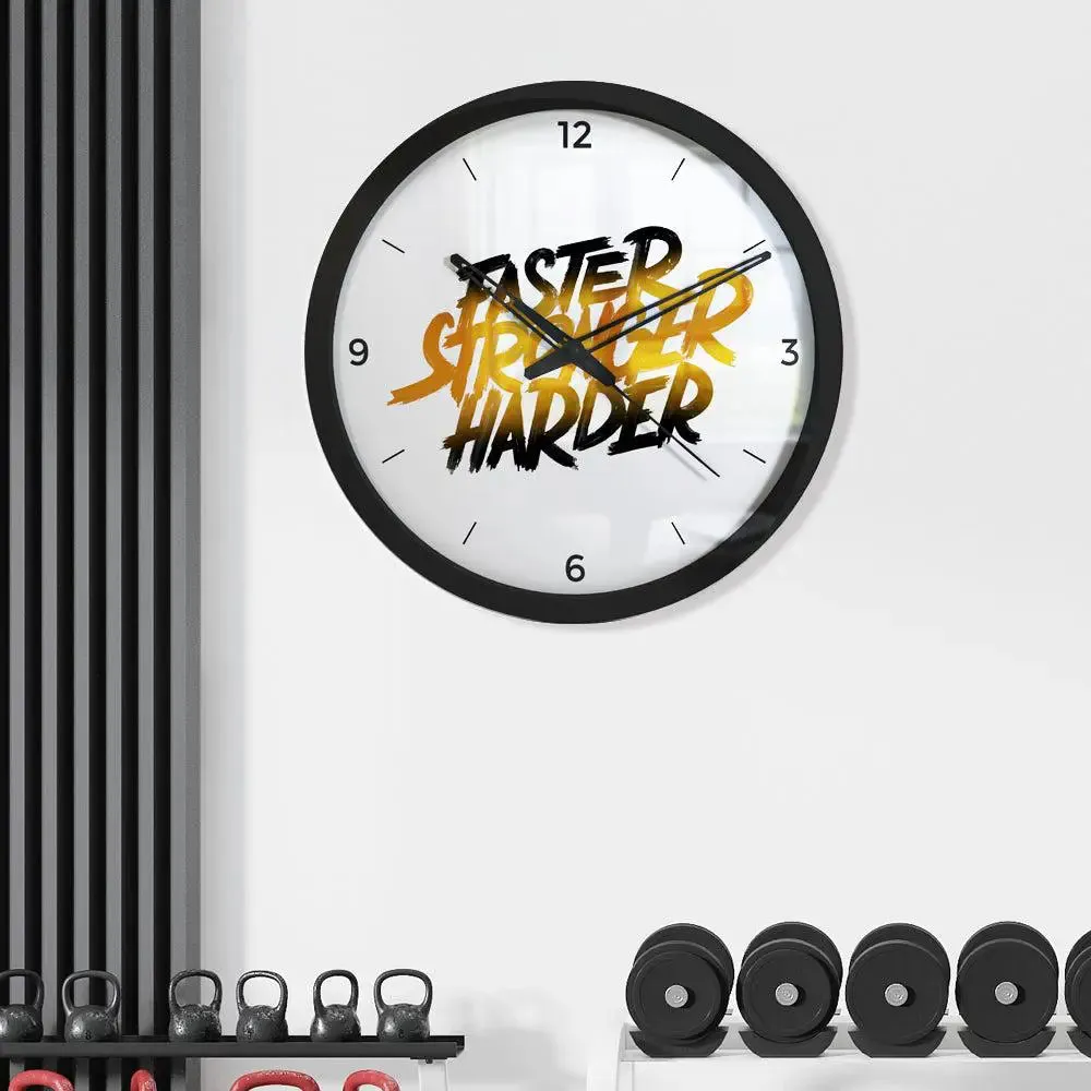 Faster, Stronger & Harder' Typographic Gym Wall Clock- Black Frame