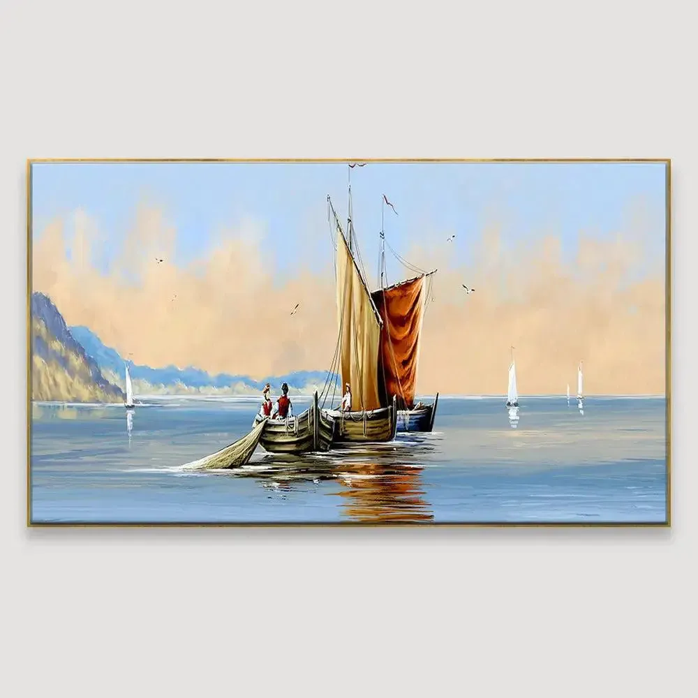 Fisherman on Boat Ocean Scenery Canvas  Wall Hanging