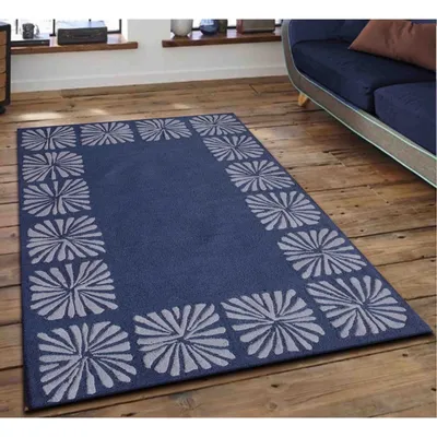 Floral Bordered Minimalist Blue & Silver Tufted Area Carpet