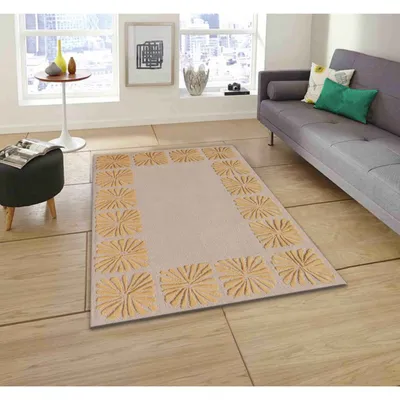 Floral Bordered Minimalist Golden & Beige Tufted Area Carpet