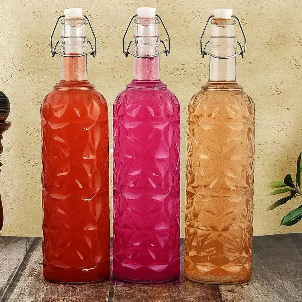 Floral Textured Crystal Transparent Glass Water Bottles Set Of 3