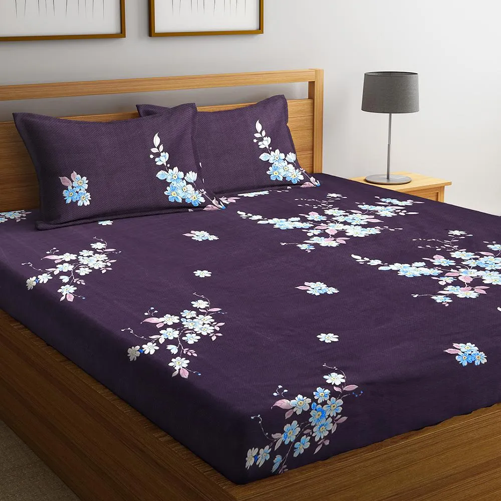 Florida Polycotton Double Floral Purple Bedsheet with Pillow Cover