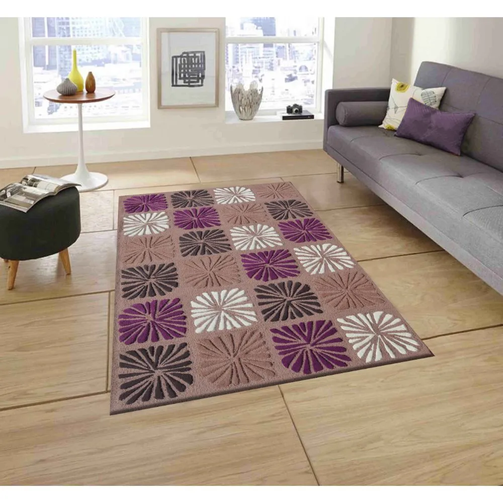 Flower Blocked Designer Purple & Brown Tufted Area Carpet