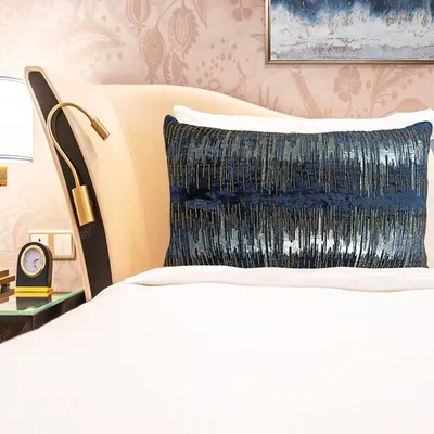 Foil Print Navy Blue Cotton Decorative Cushion Cover