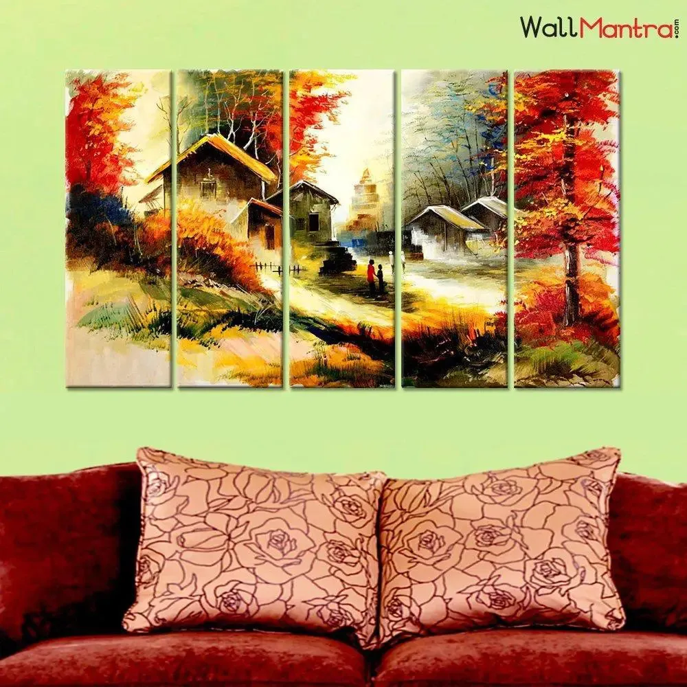 Forest House Scenery Canvas Painting Framed on Wood