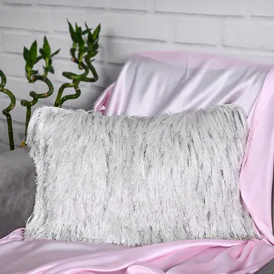 Fringed Polyester Wide Silver Shaggy Cushion Cover