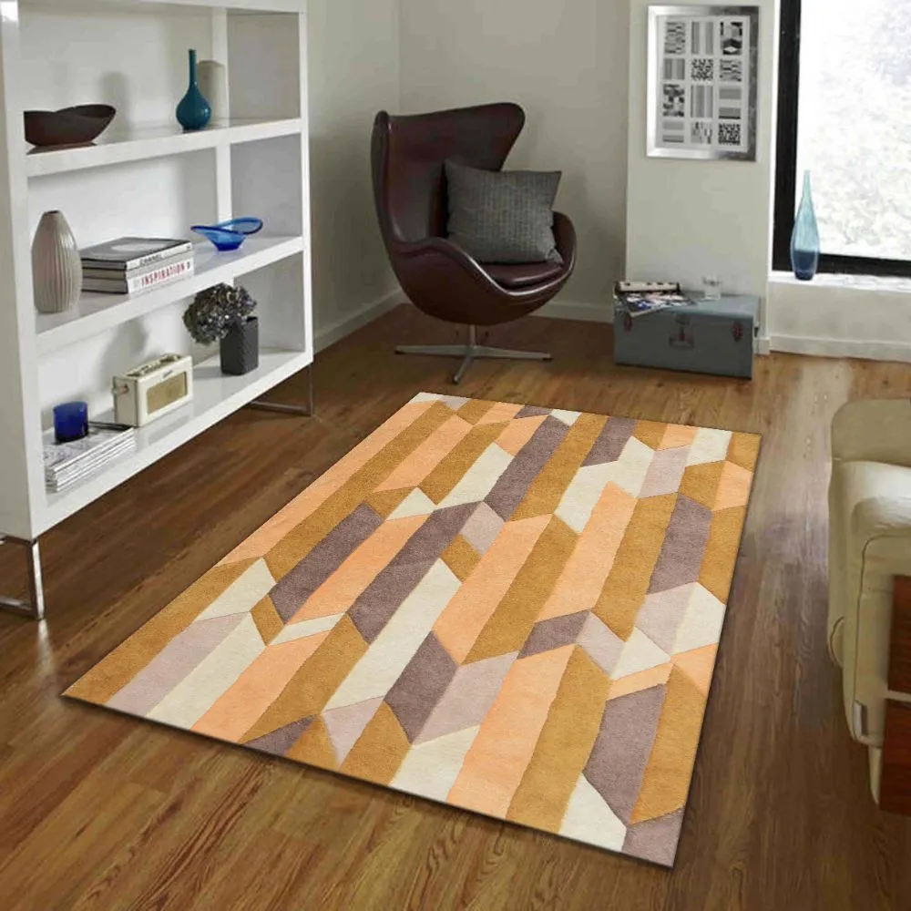 Geometric Designer Golden & Ivory Tufted Area Carpet